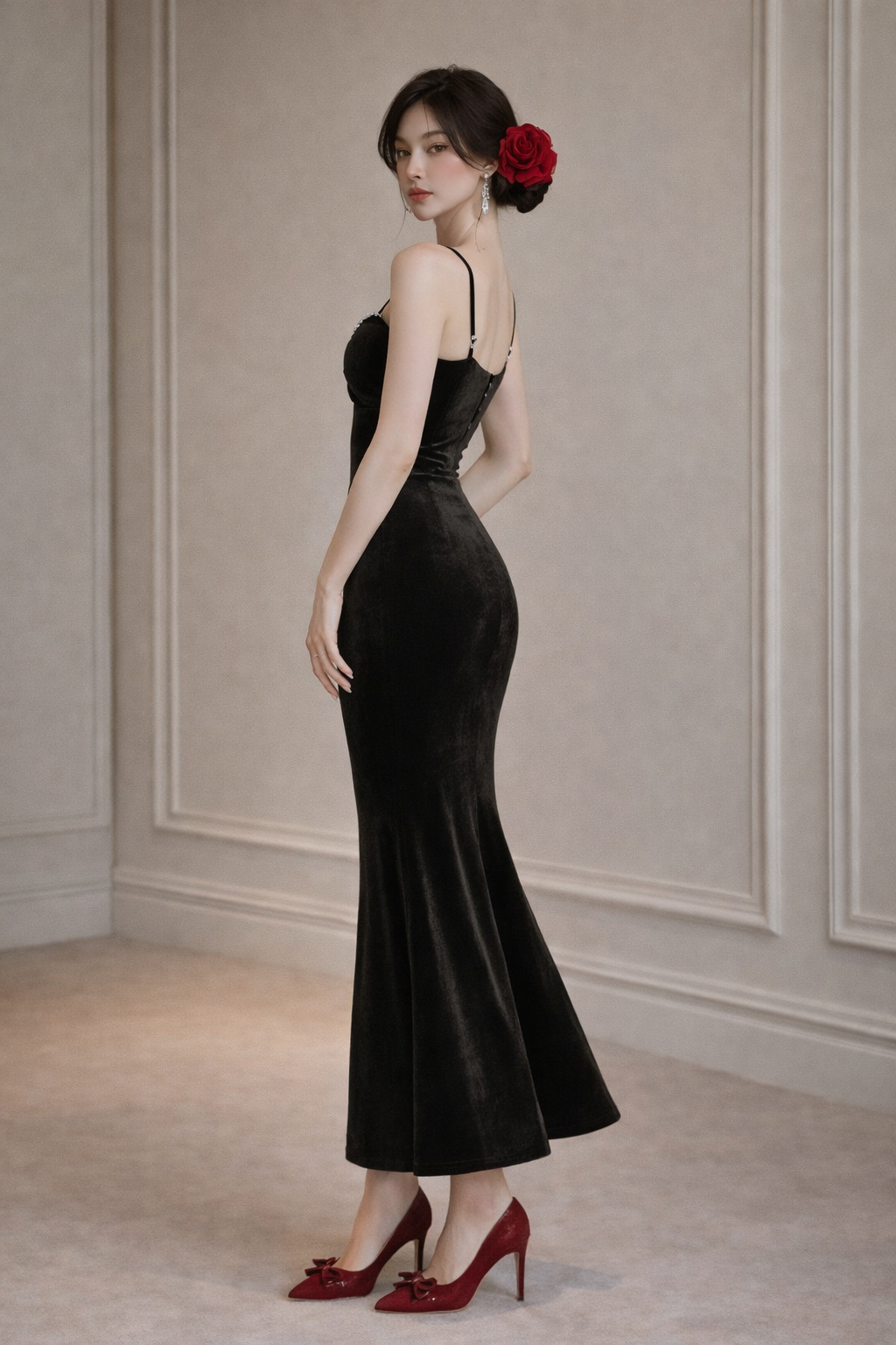 Crystal-Trim Velvet Column Gown