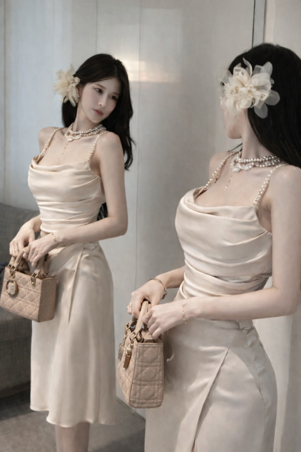Champagne Pearl-Draped Midi Dress