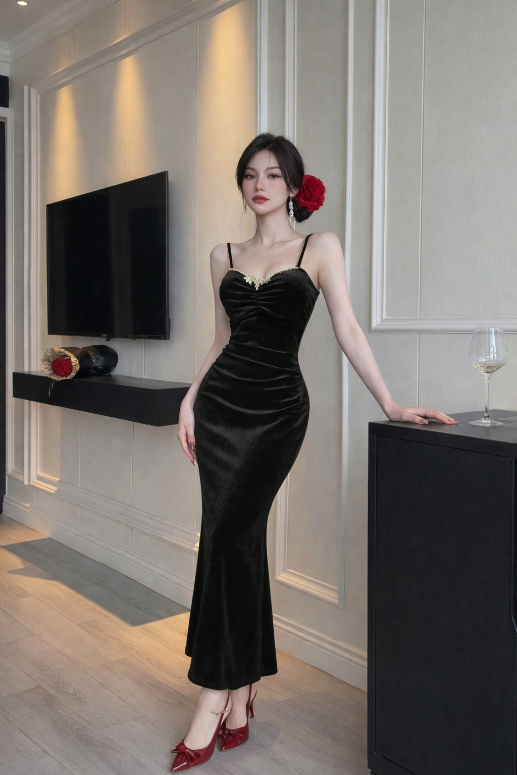 Crystal-Trim Velvet Column Gown