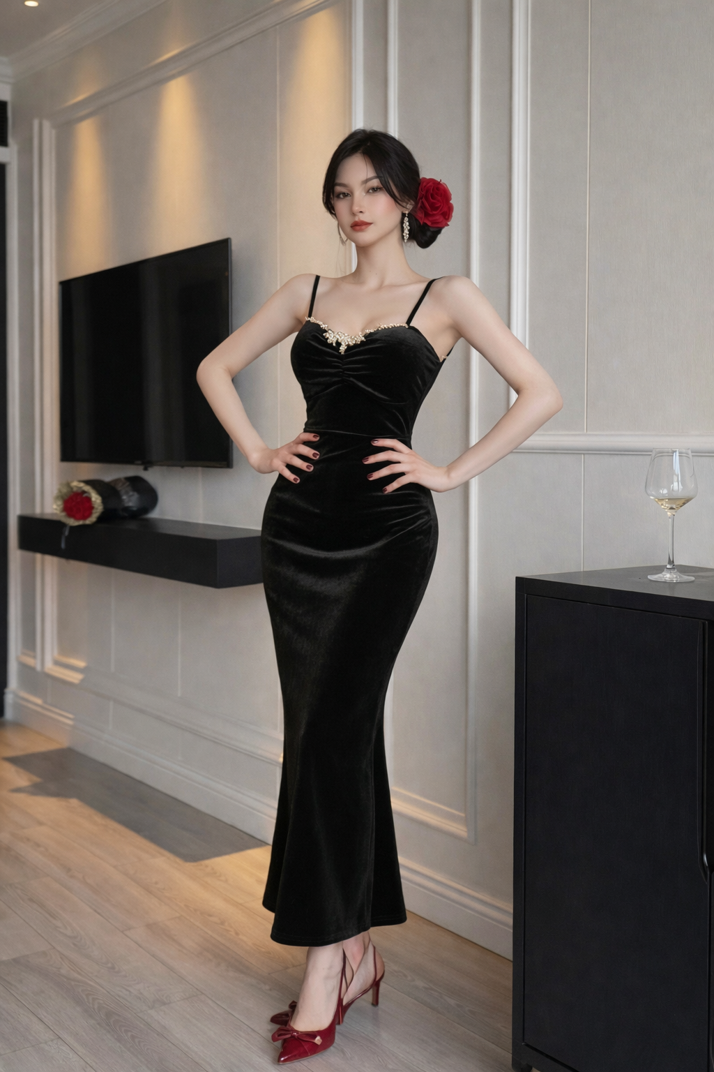 Crystal-Trim Velvet Column Gown