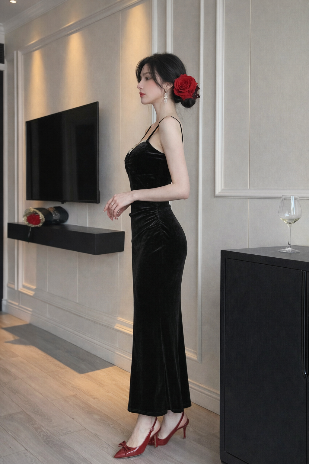 Crystal-Trim Velvet Column Gown