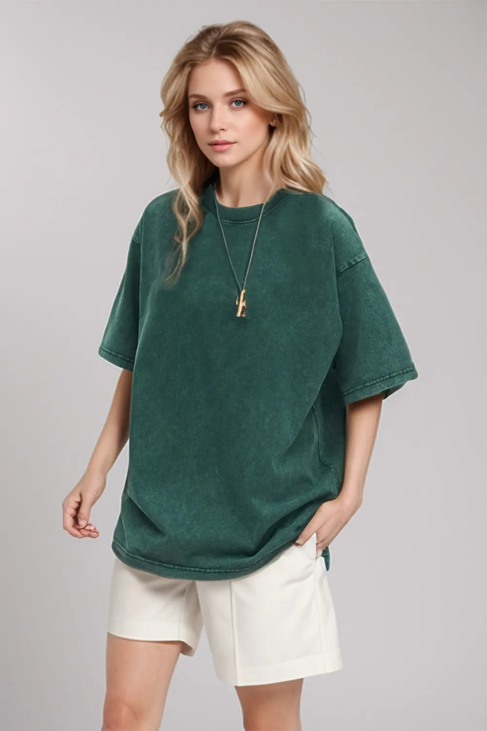 Deep teal cotton half sleeve t-shirt side profile relaxed fit women's casual clothing