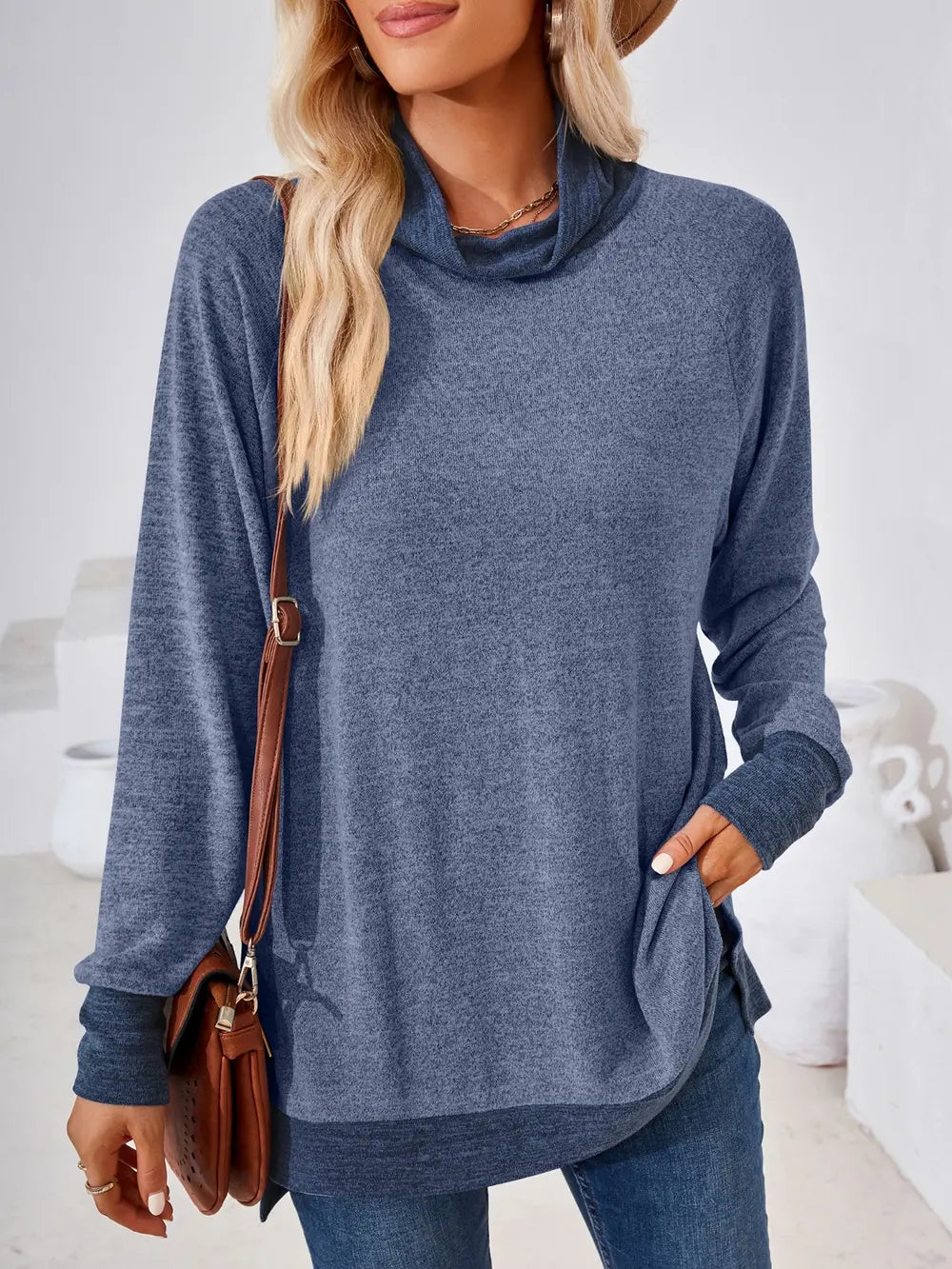 Dusty blue contrast mock neck long sleeve T-shirt with casual fitted silhouette and soft stretch fabric