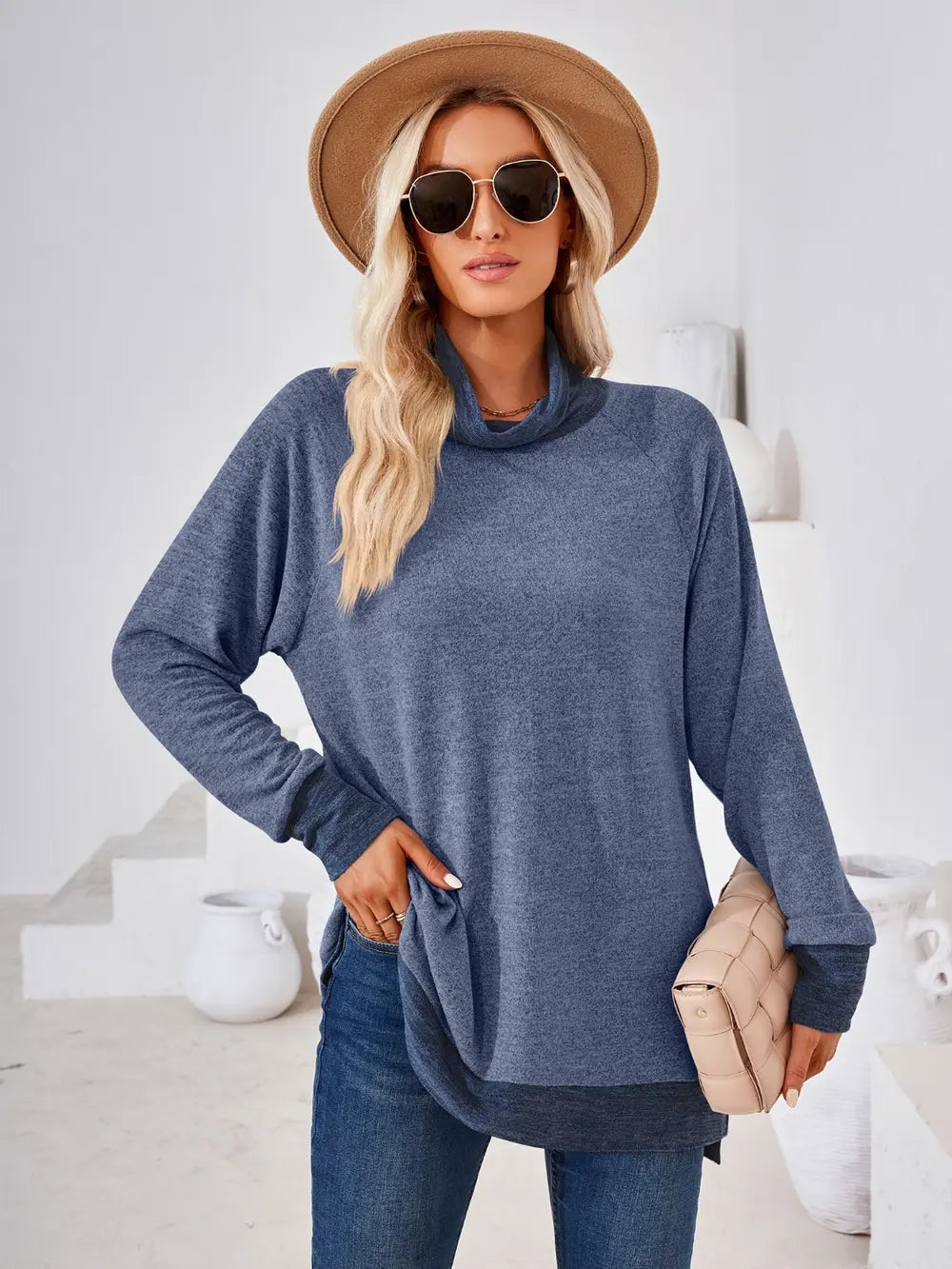 Dusty blue long sleeve casual top with contrast mock neckline, soft stretch fabric and flattering everyday fit