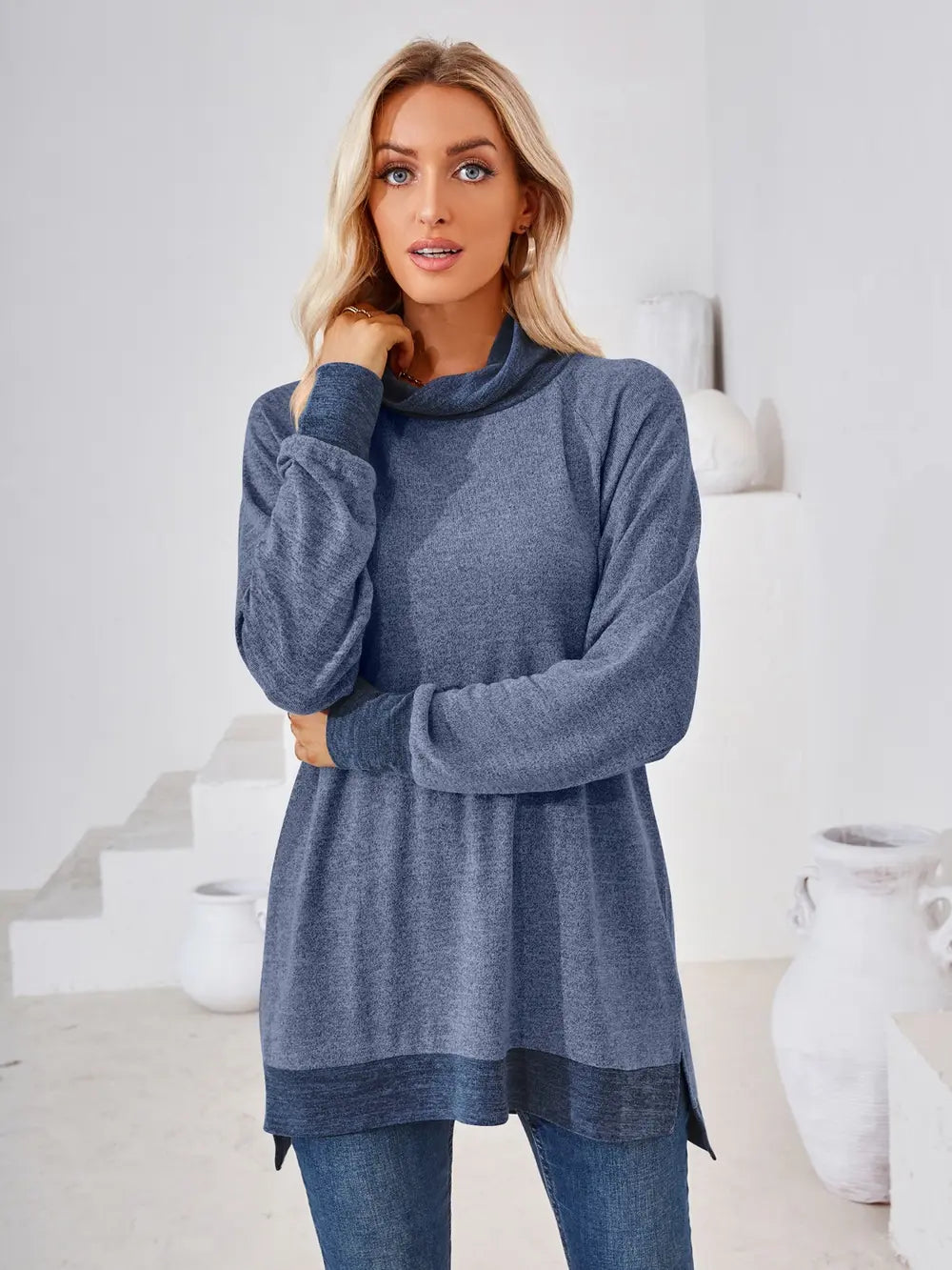 Dusty blue long sleeve T-shirt with contrast neckline detail and versatile casual styling