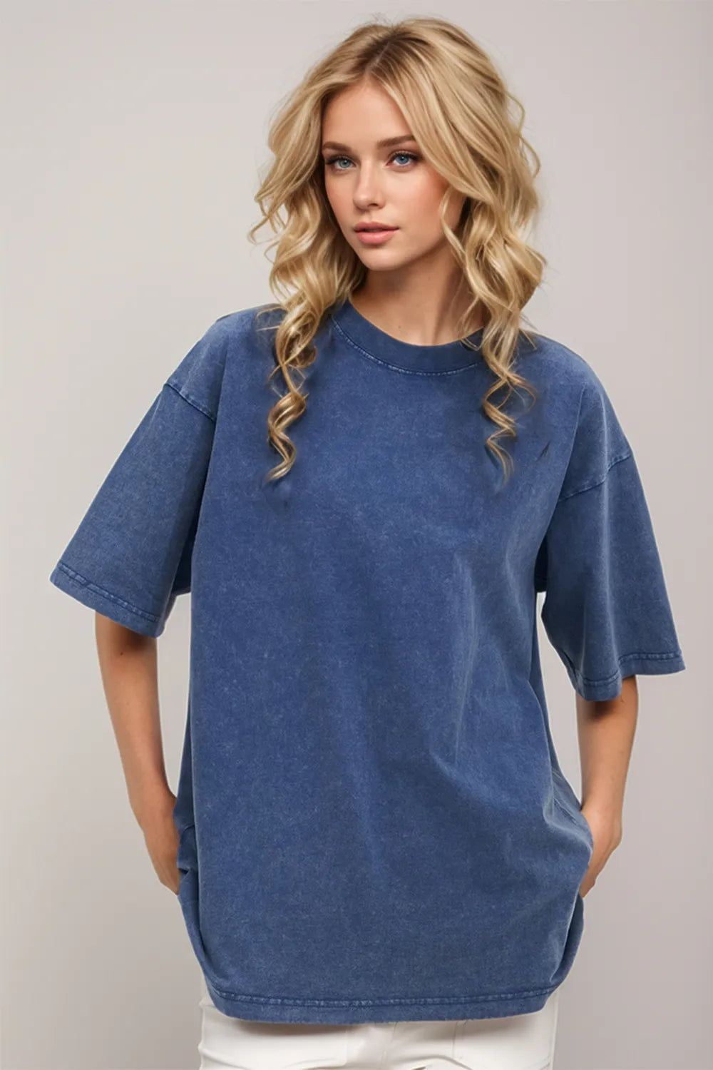 Dusty blue cotton round neck half sleeve t-shirt front view classic women's casual essential