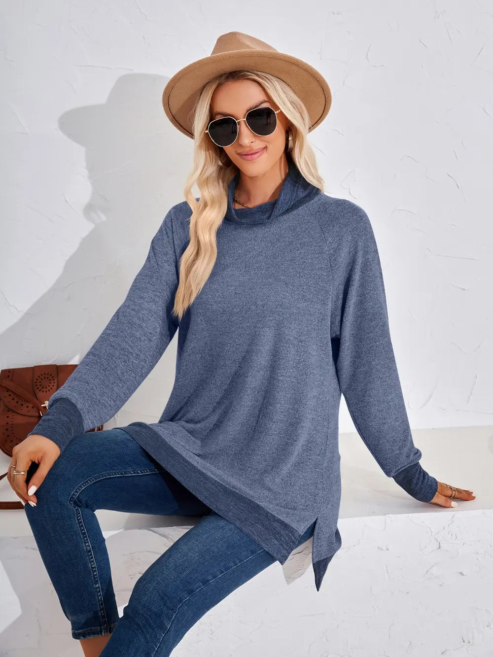 Dusty blue long sleeve T-shirt featuring contrast neckline, fitted silhouette and versatile everyday styling
