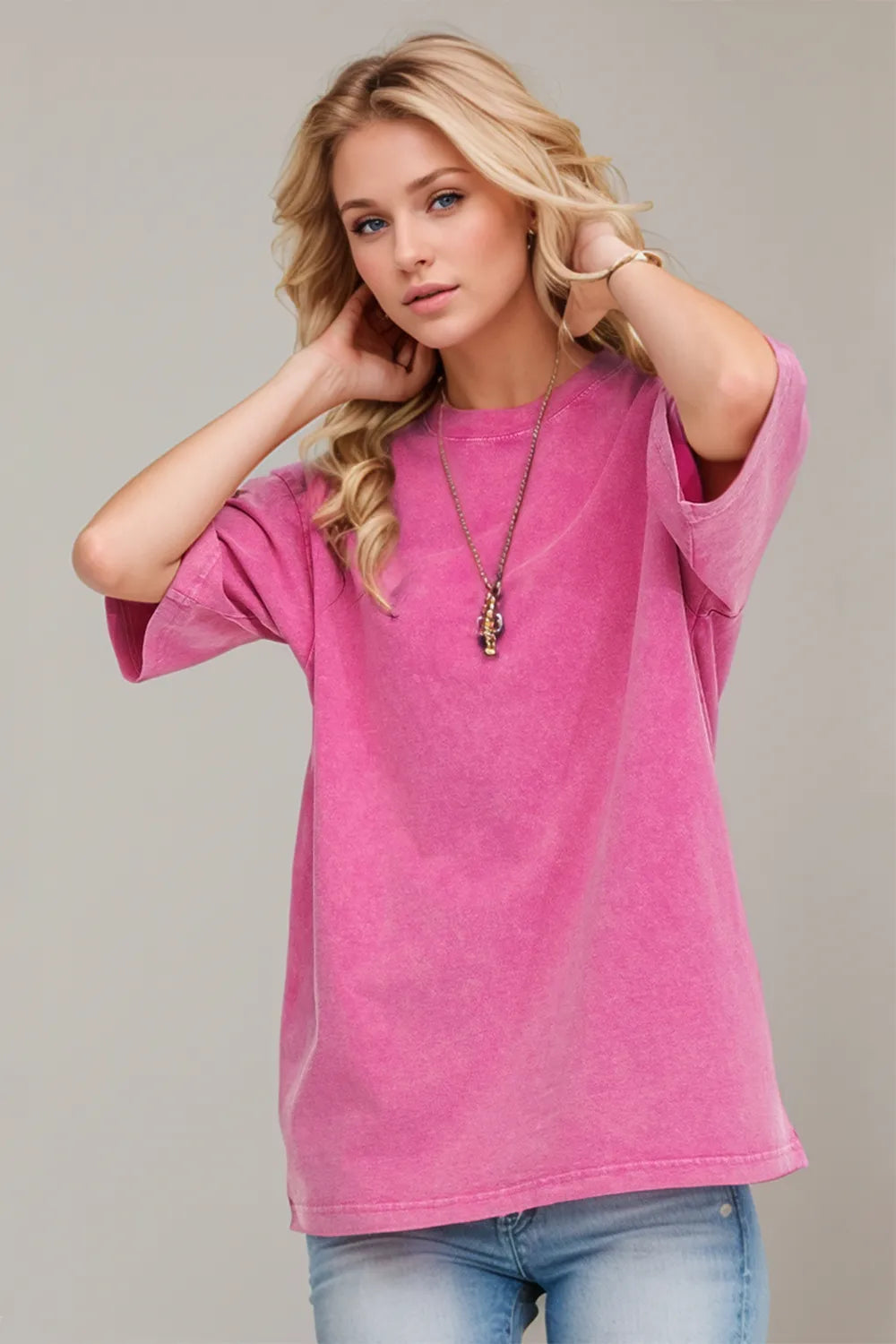 Fuchsia pink cotton round neck half sleeve t-shirt front view vibrant women's casual top