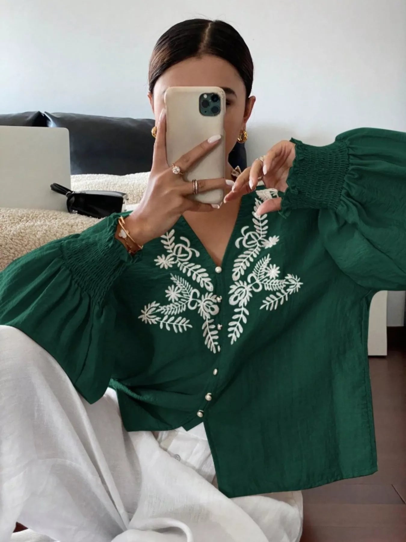 Green embroidered button front long sleeve blouse front view sophisticated women's clothing