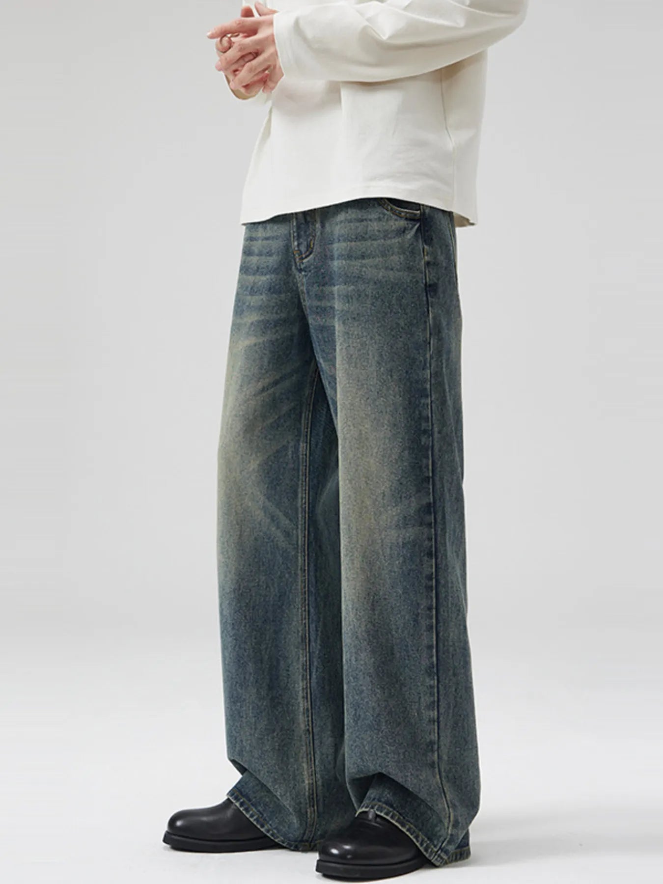 High waist straight leg jeans men's vintage wash denim S to 2XL