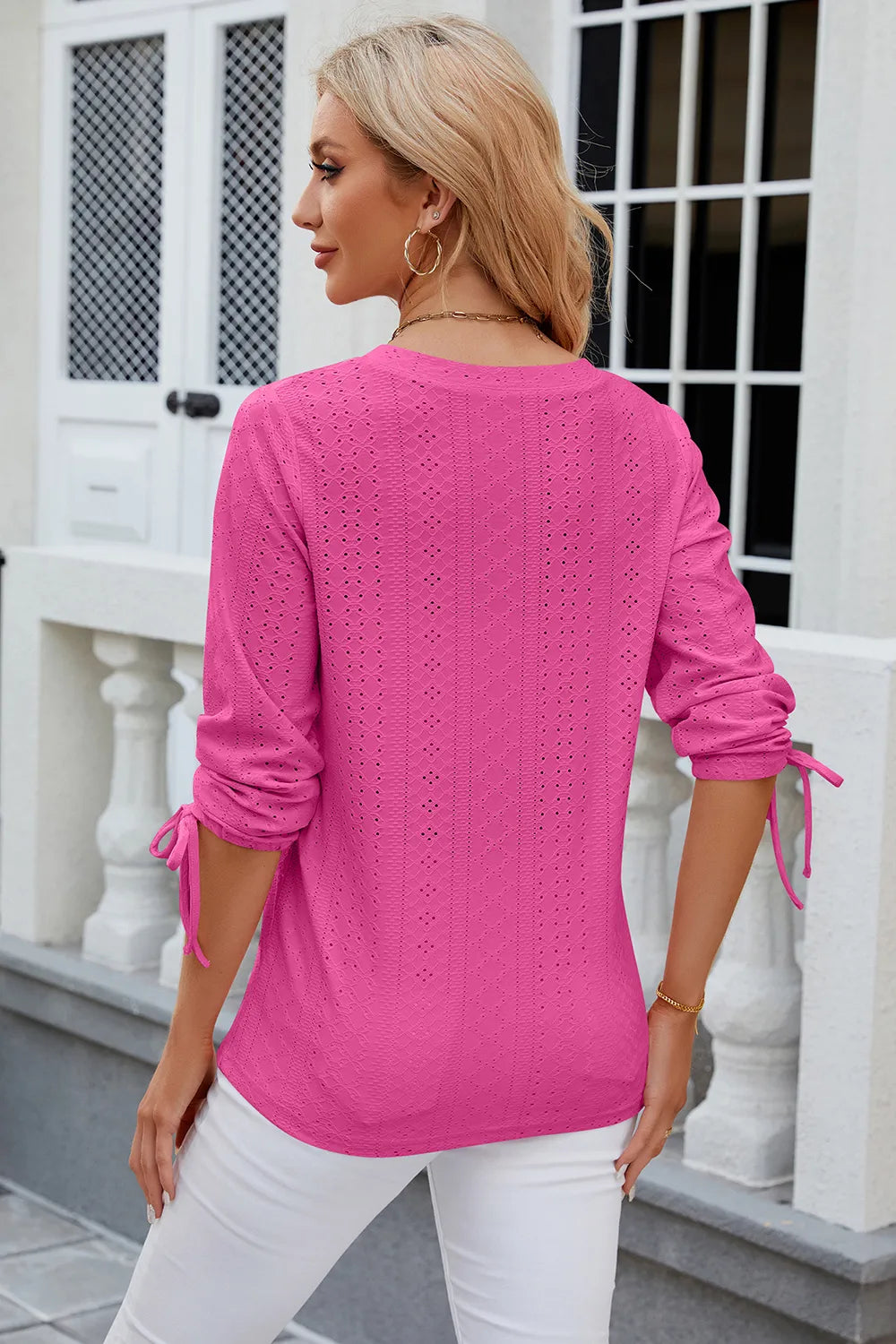 Hot pink broderie anglaise top with eyelet details and lightweight comfortable fit