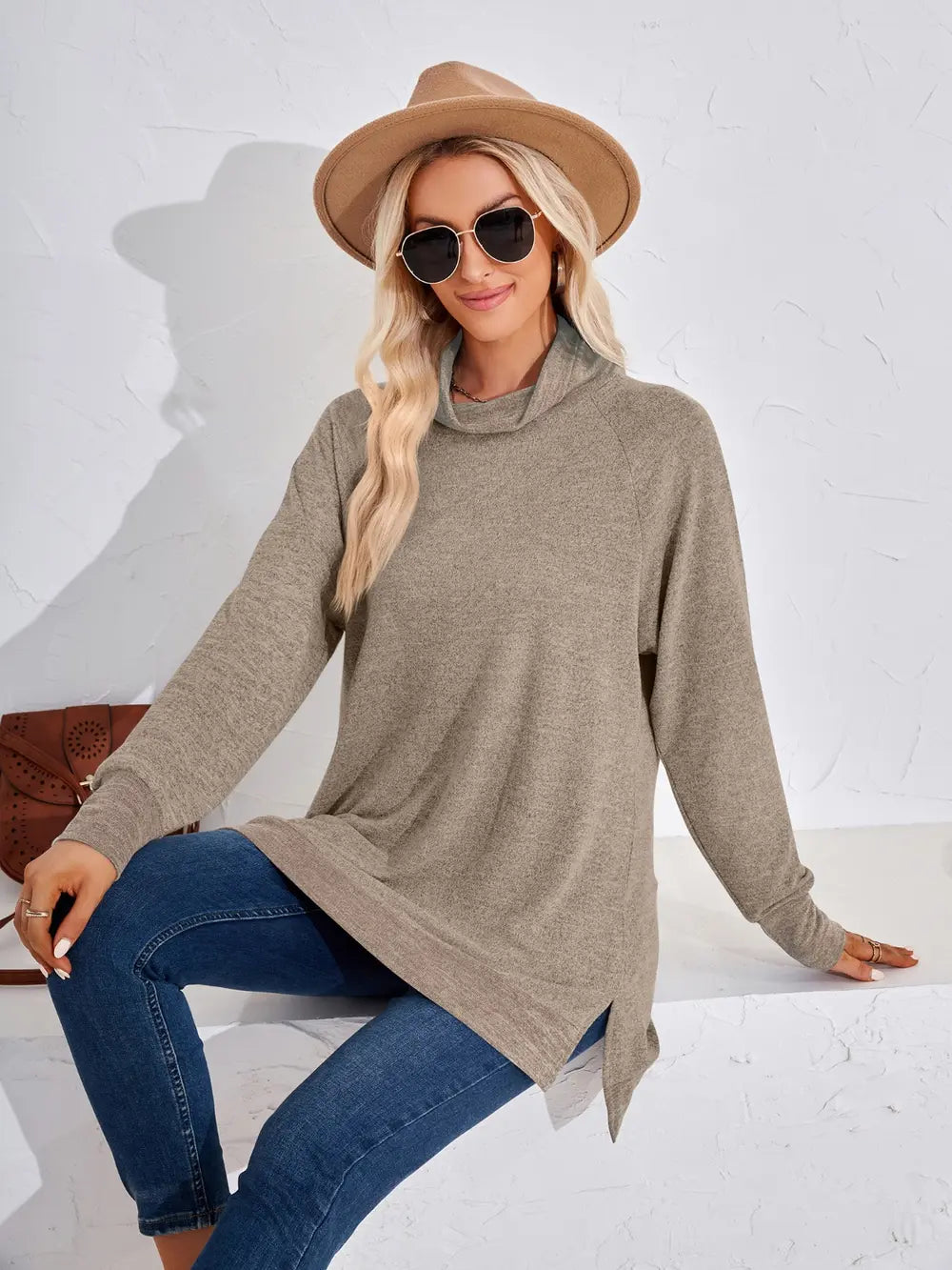 Khaki long sleeve top featuring contrast neckline and soft comfortable fabric