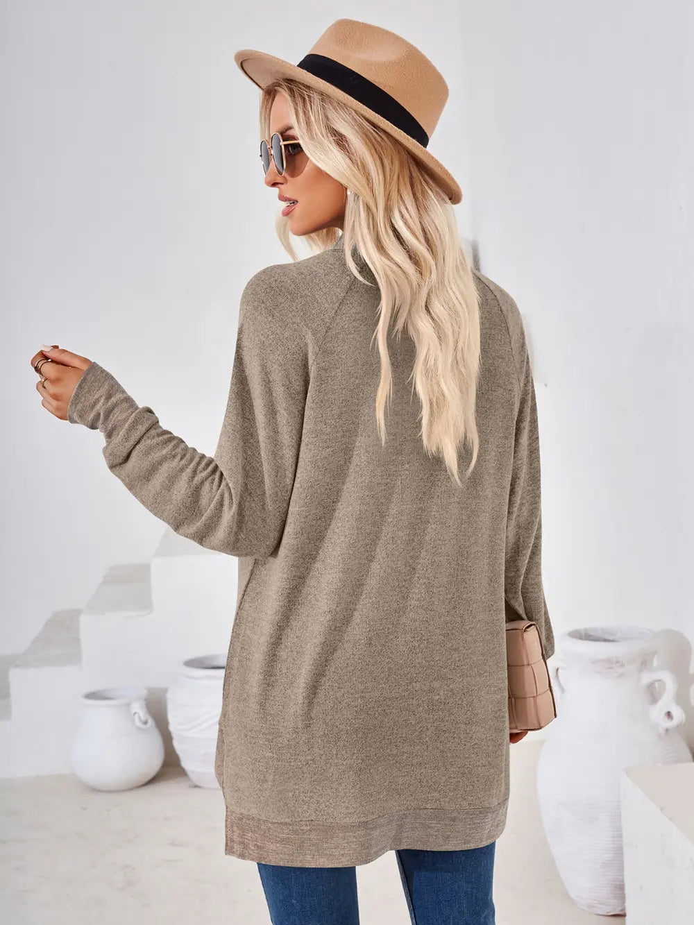 Khaki contrast mock neck T-shirt with relaxed fit for casual autumn and spring outfits Back View