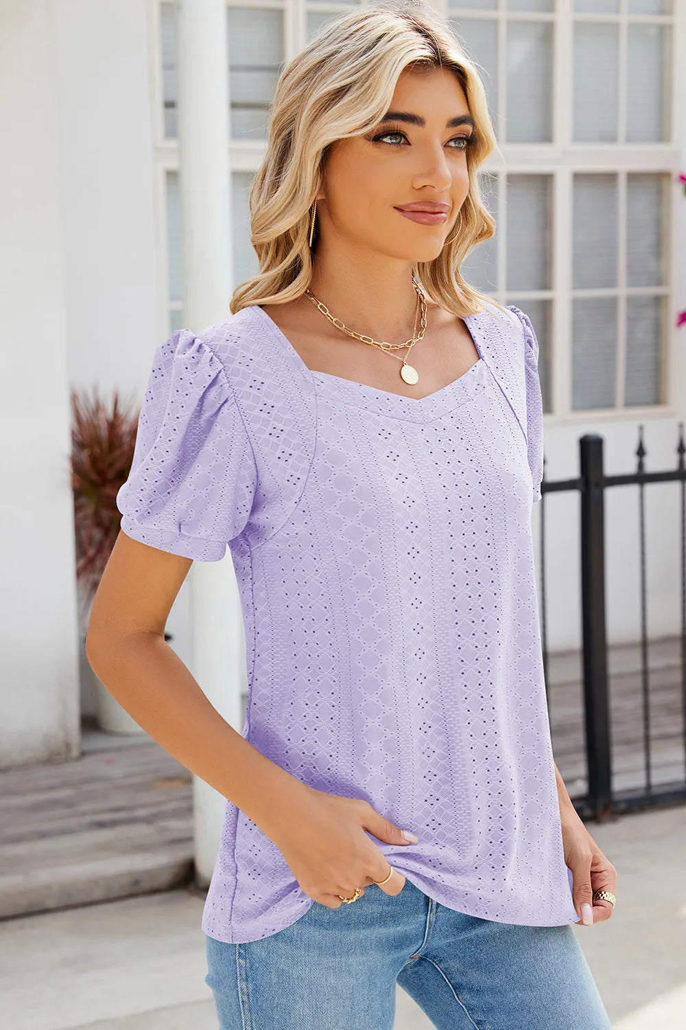 Lavender broderie anglaise top with puff sleeves and flattering relaxed silhouette