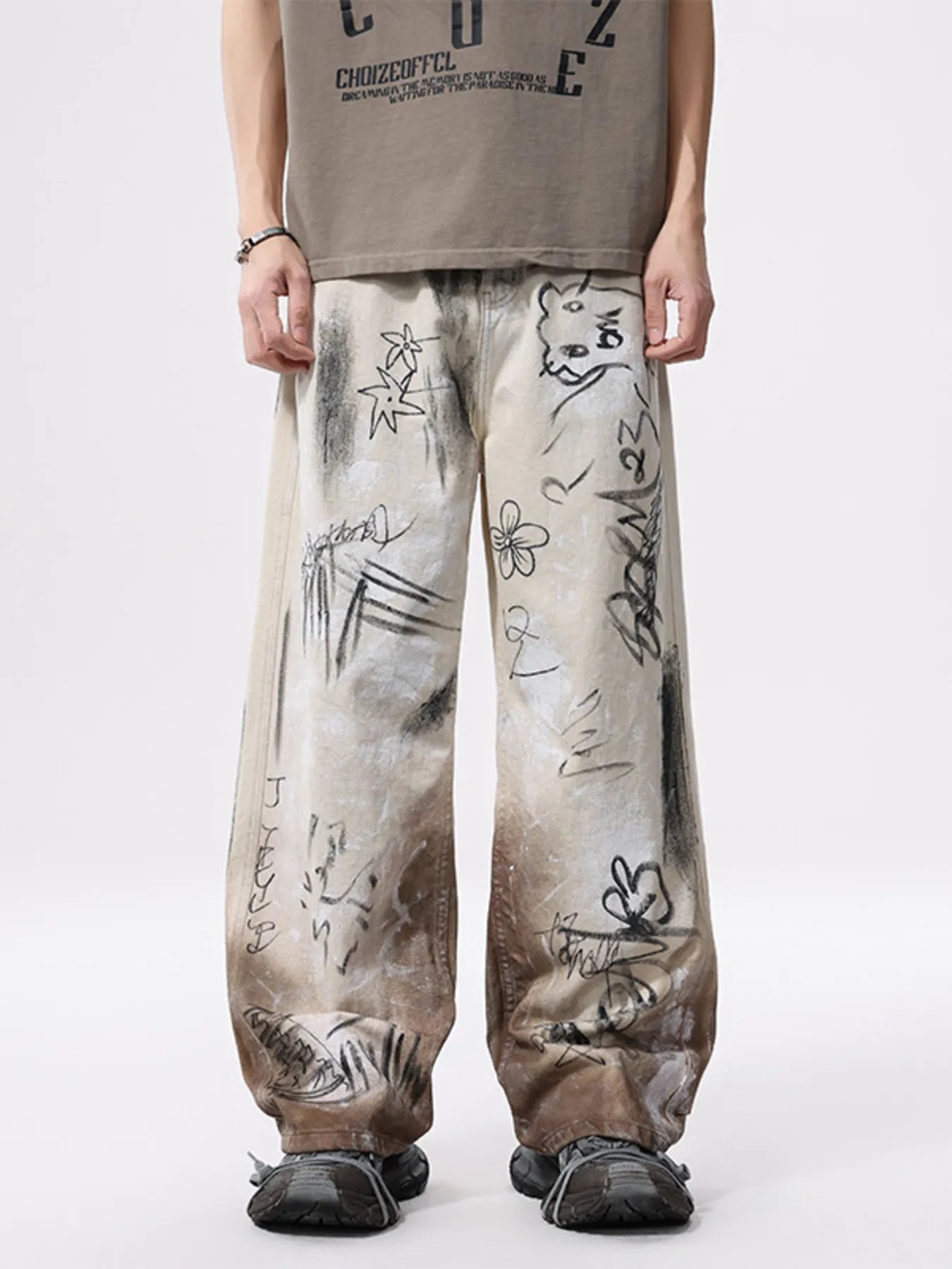 Men's cargo jeans off white graffiti print wide leg denim
