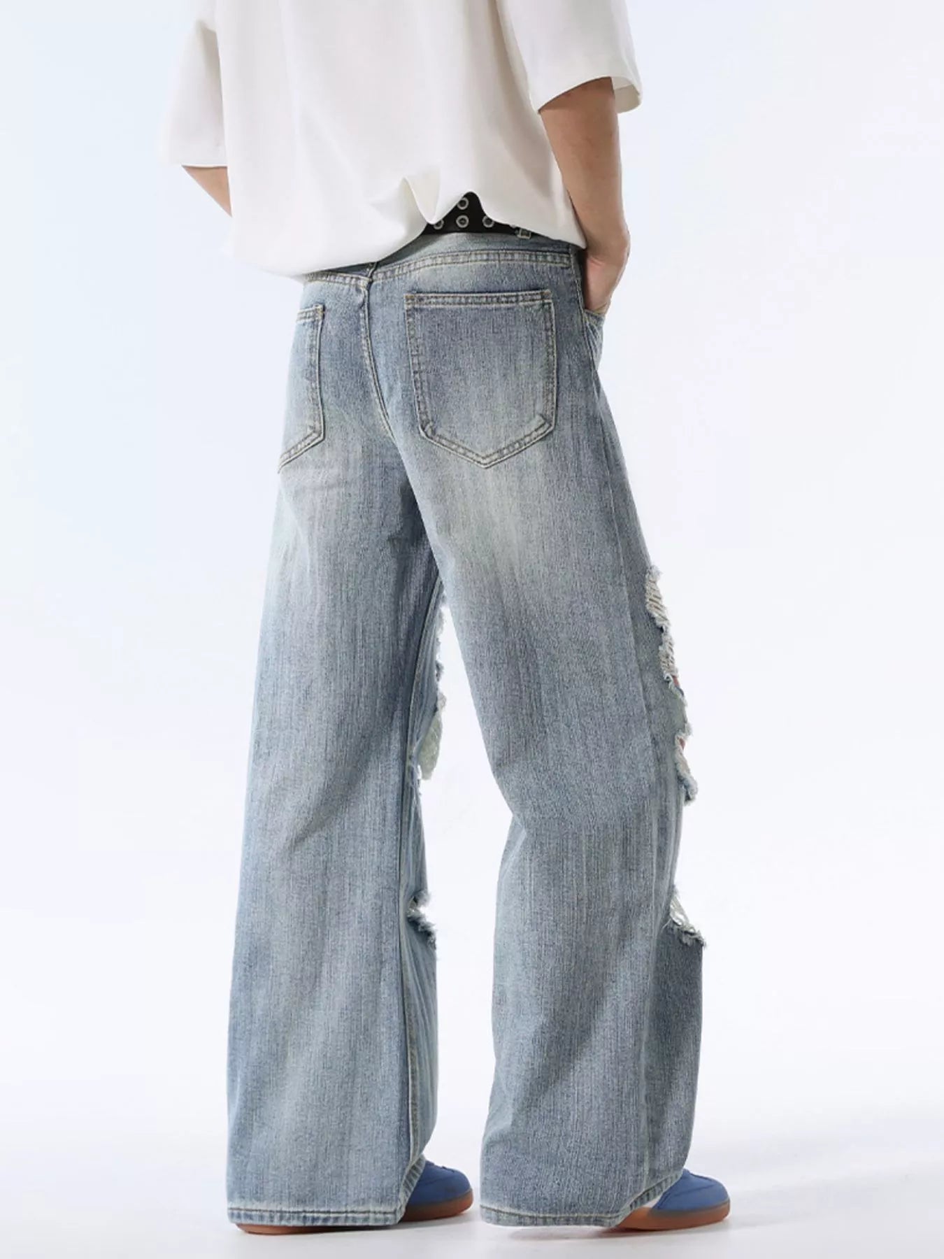 Men's trashed jeans blue oversized wide leg distressed denim