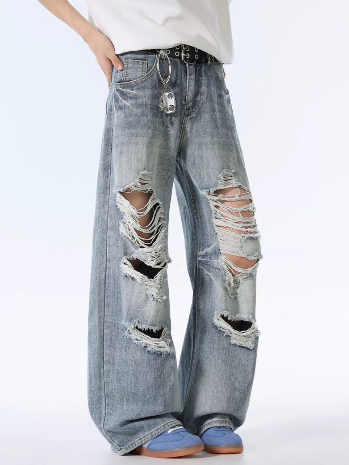 Men's trashed jeans blue oversized wide leg distressed denim