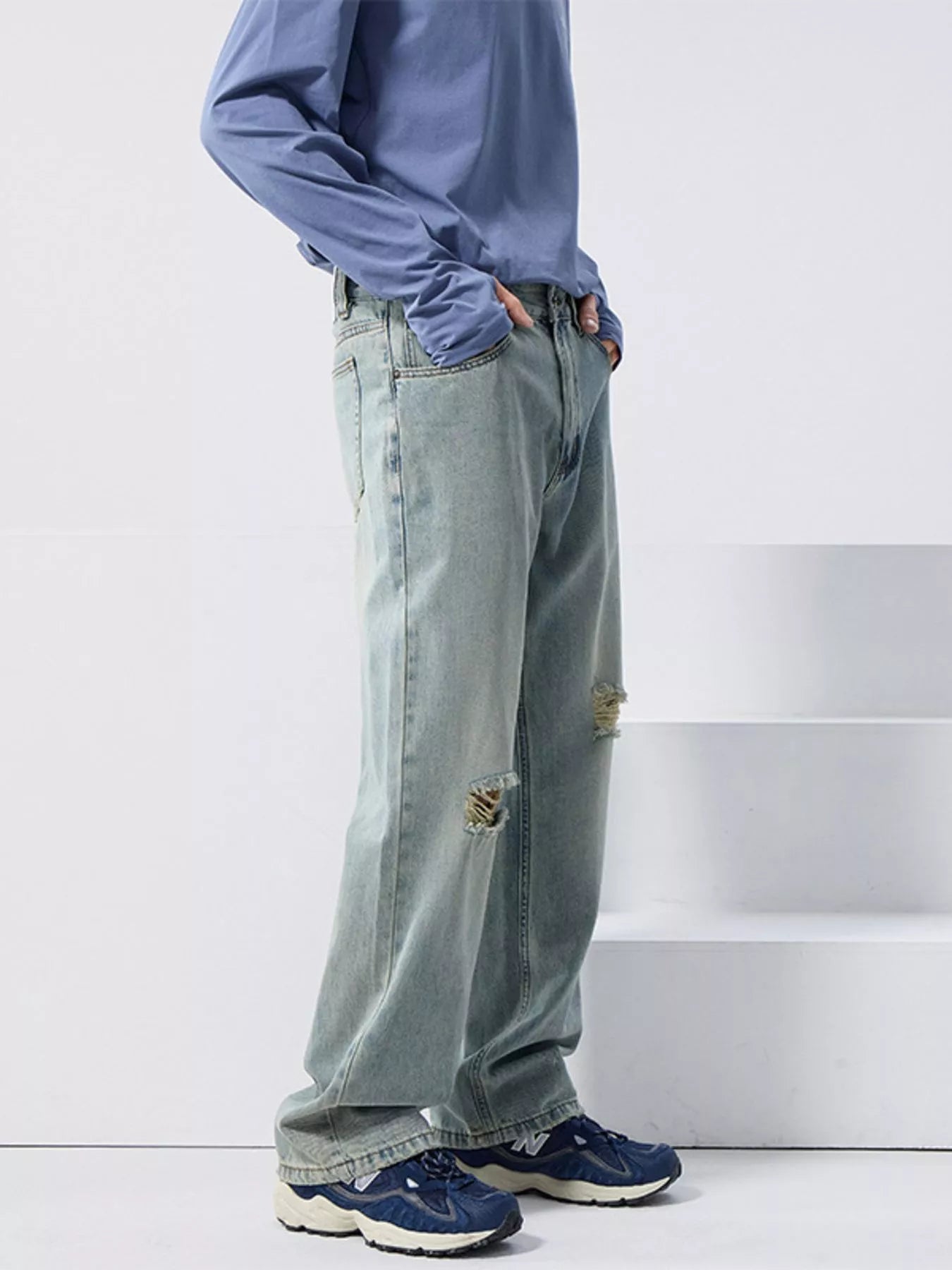 Mid rise wide leg jeans men's distressed light blue denim