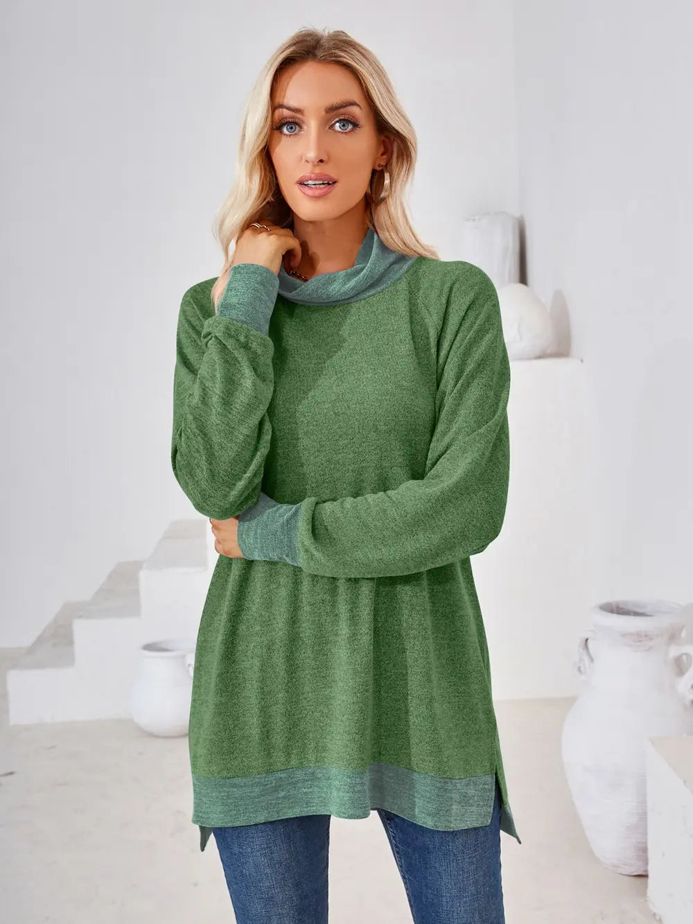 Moss green mock neck long sleeve T-shirt with contrast trim and modern casual styling