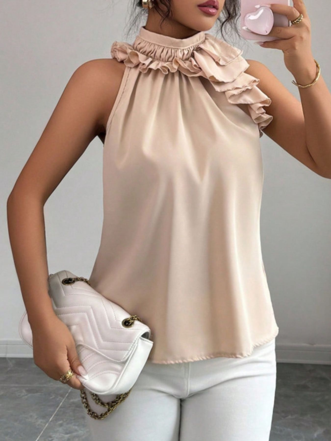 Apricot ruffle high neck sleeveless tank top with elegant draped fit