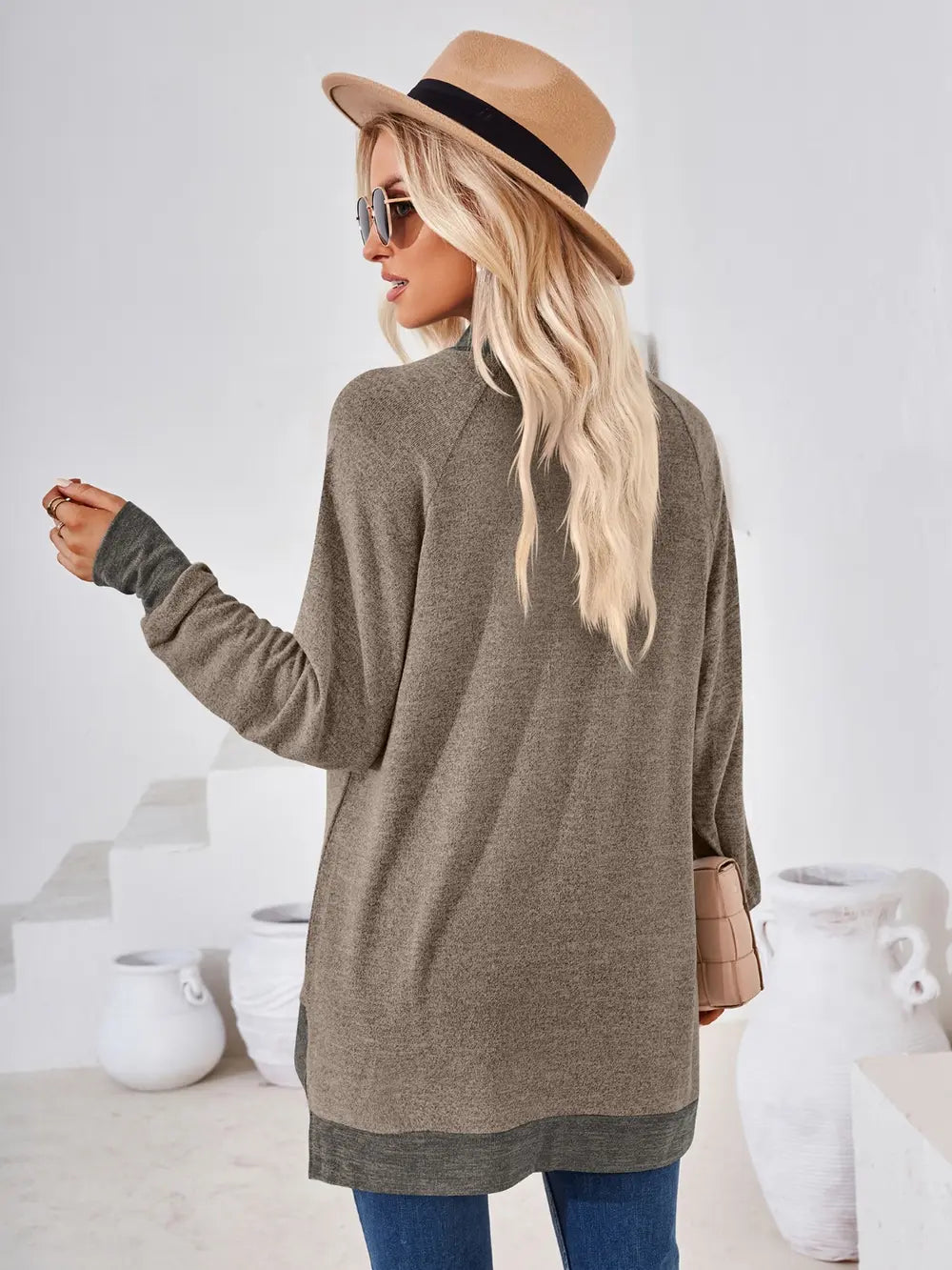 Taupe mock neck long sleeve top featuring contrast neckline and versatile styling back view