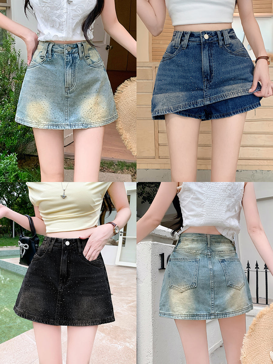 Women's High-Waisted Rhinestone Denim Skort, Gradient Wash Sparkly A-Line Mini Skirt With Built-in Shorts