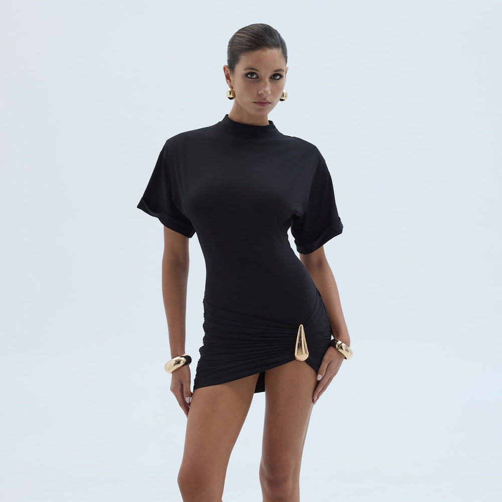 Women's Crew-Neck Half-Sleeve Pleated Sheath Dress