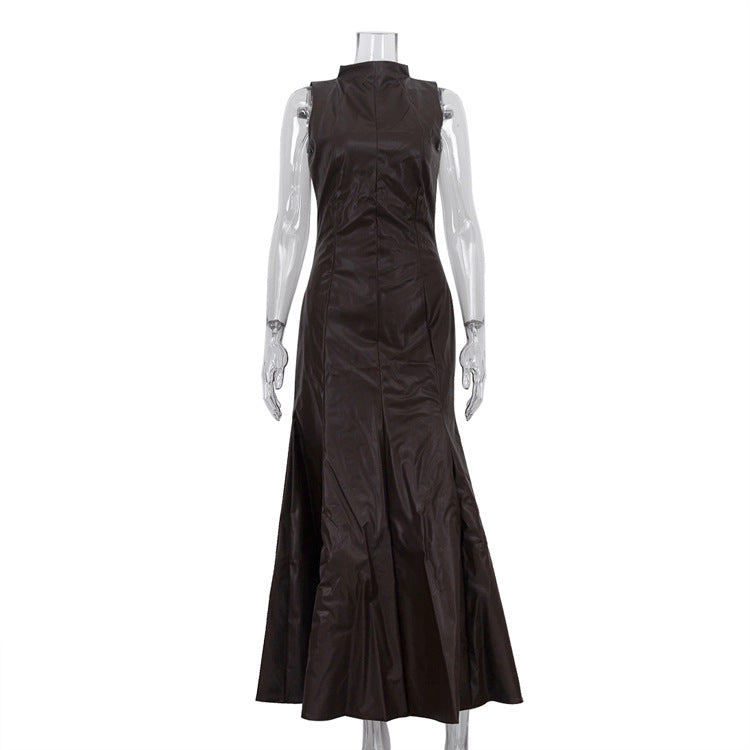 Stylish High-waisted Maxi Dress With Stand-up Collar