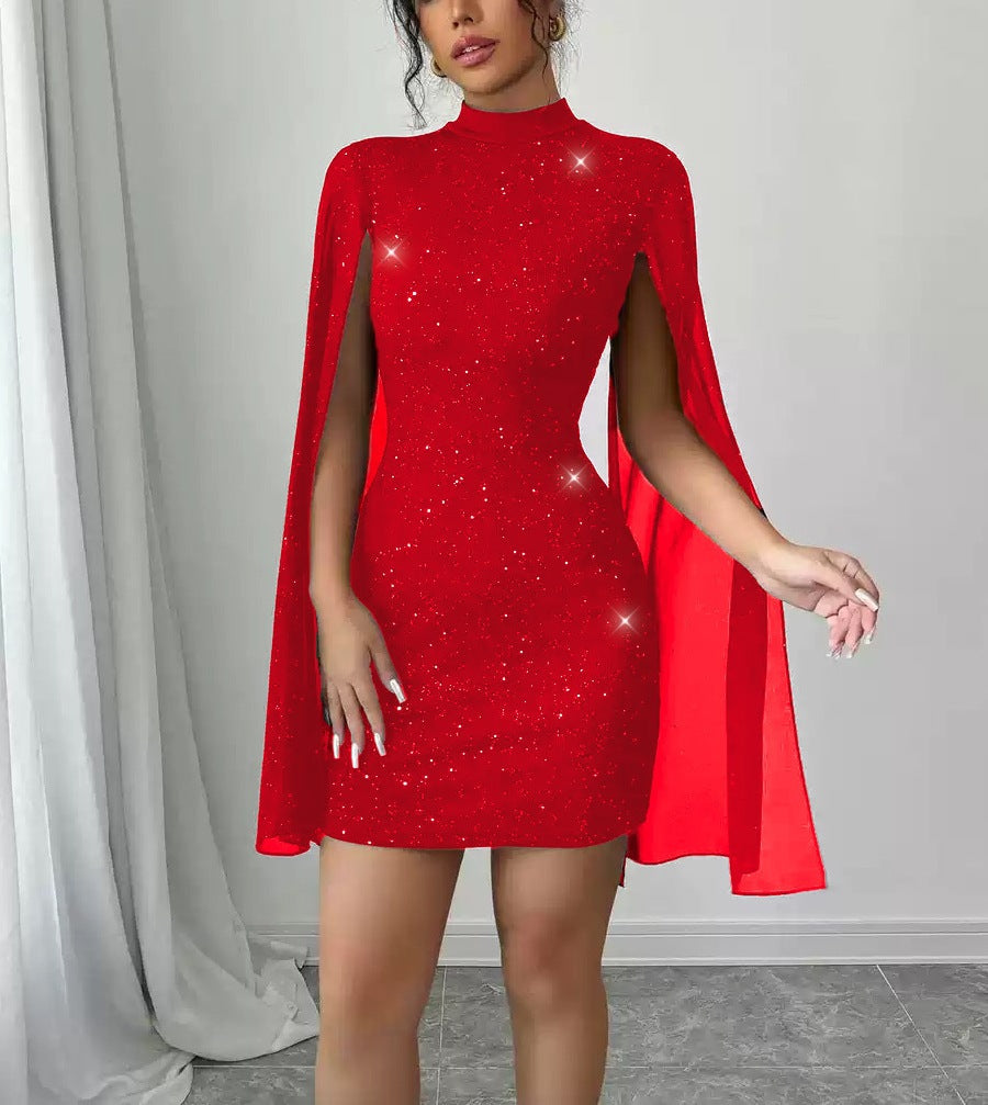 Sequin Shawl-Sleeve Dress