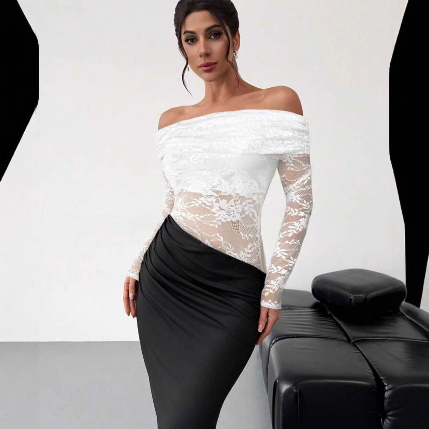 Womens Sexy Hollow-Out Lace Long-Sleeve Dress