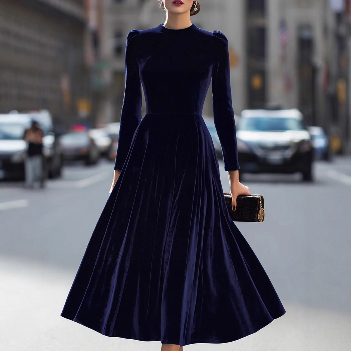 Womens Solid-Colored Casual Velvet Crew-Neck Long-Sleeve Dress