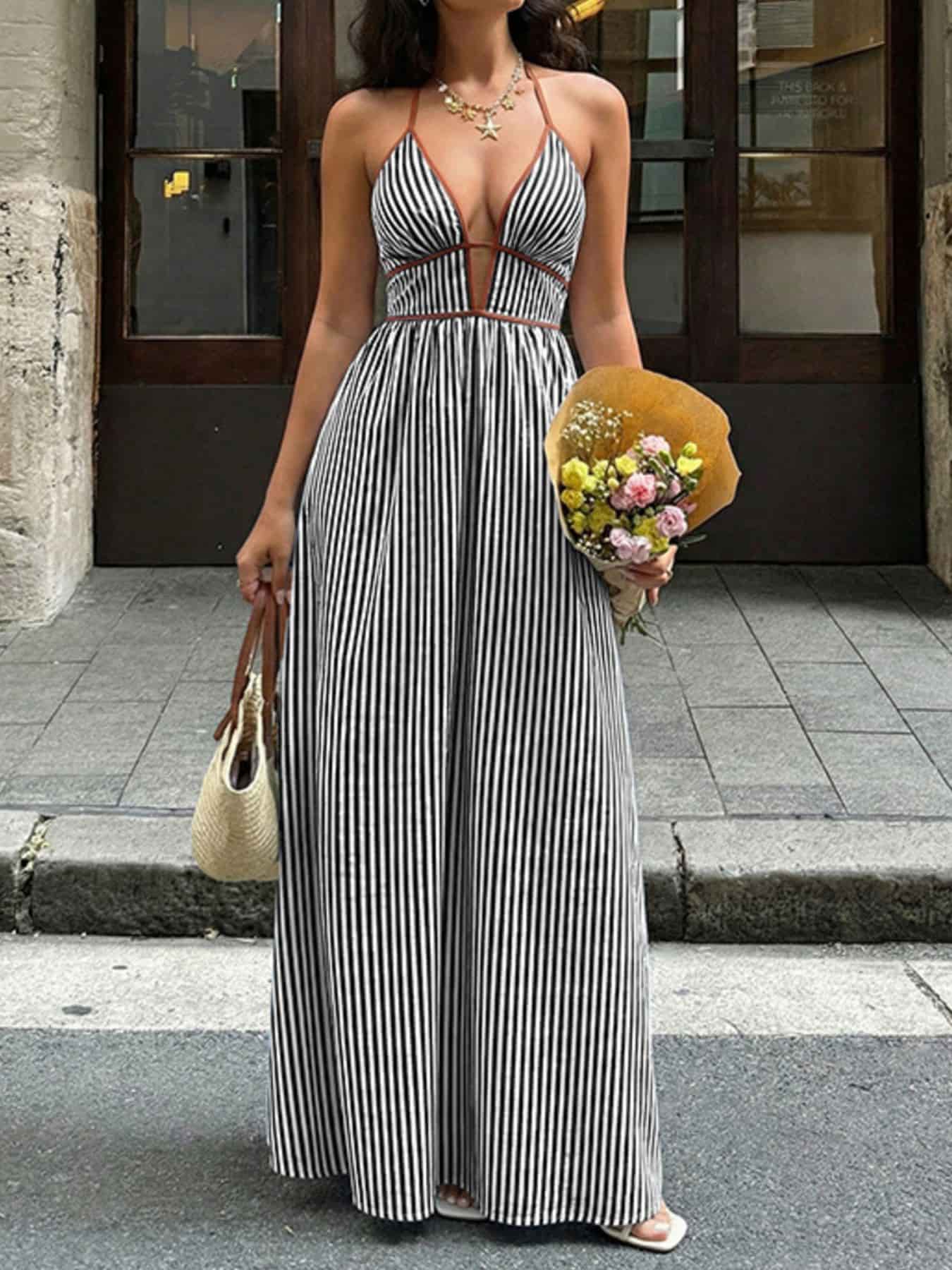 Striped Halter Neck Maxi Dress