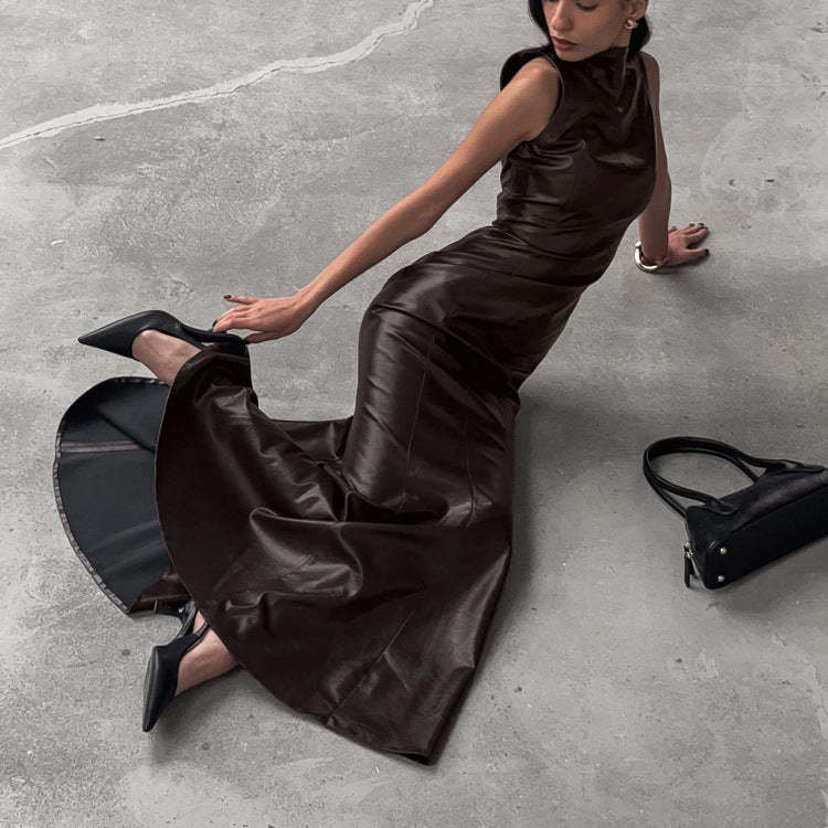 Stylish High-waisted Maxi Dress With Stand-up Collar