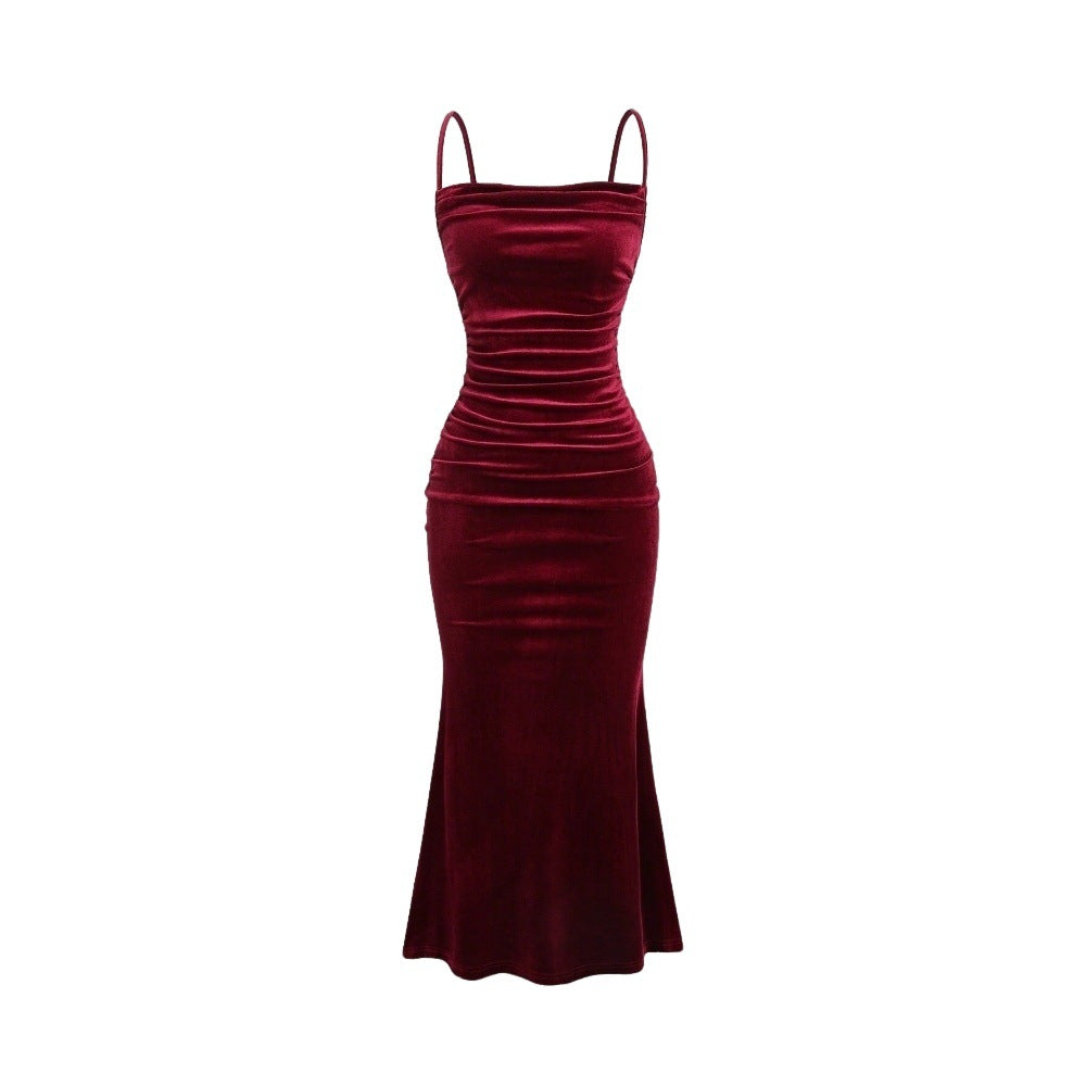 European And American Women's Velvet Strapless Dress, Mid-length Banquet Dress With Elegant Temperament