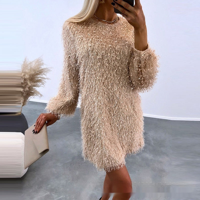 apricot-fuzzy-sweater-dress-front-full
Apricot fuzzy eyelash knit sweater dress with long sleeves, elegant mini winter party dress – OpusVenustas

Woman wearing a beige textured dress in an indoor setting.