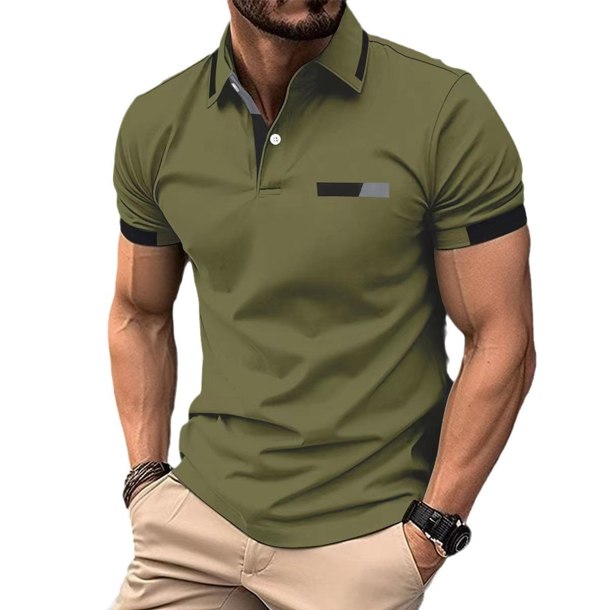 army-green-polo-shirt-with-shorts
Army green polo shirt paired with beige shorts and sneakers, relaxed summer style
Man wearing a green polo shirt with black accents on a white background