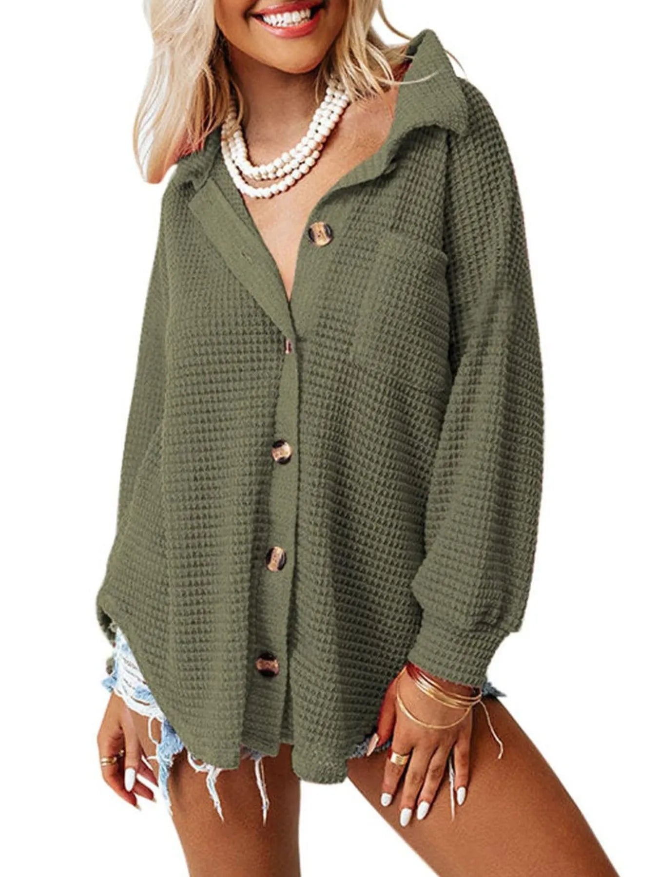 Army green textured waffle knit shirt featuring chest pockets and open collar design