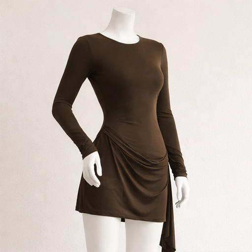 asymmetric-ruched-mini-dress-black-front
Asymmetric ruched long sleeve mini dress in black with high-waist drape panel, sleek streetwear bodycon – OpusVenustas
Brown long-sleeve dress on a mannequin against a plain background