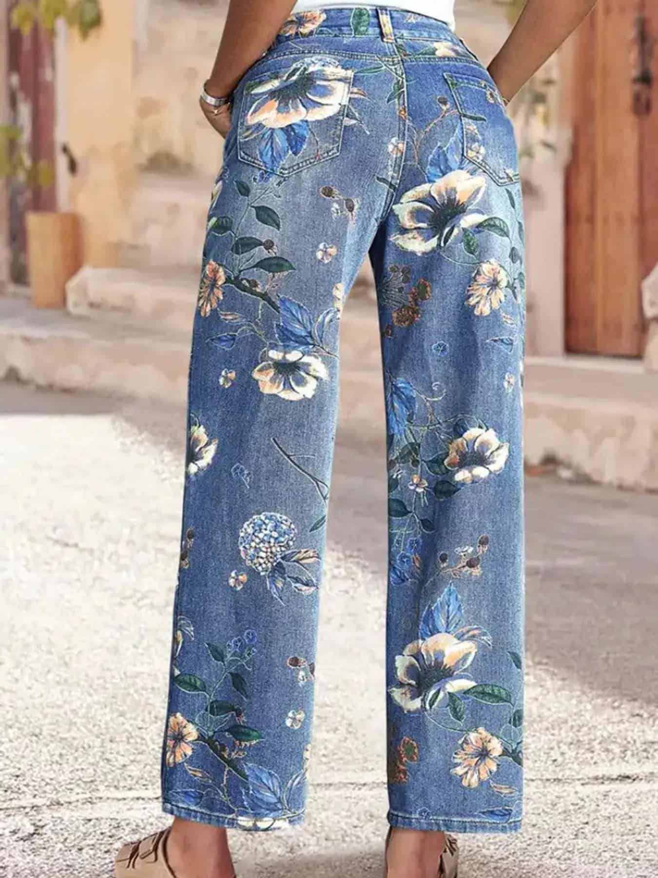 Floral Print Wide Leg Jeans