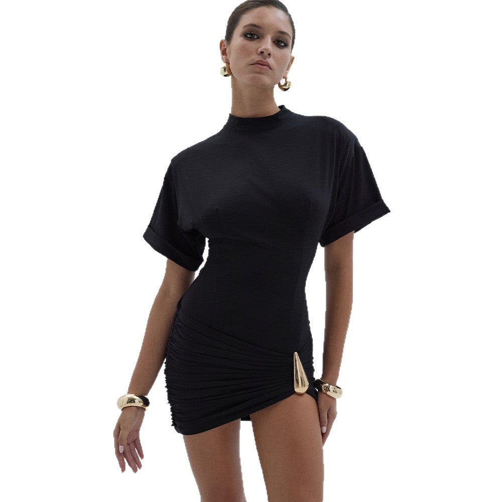 Women's Crew-Neck Half-Sleeve Pleated Sheath Dress