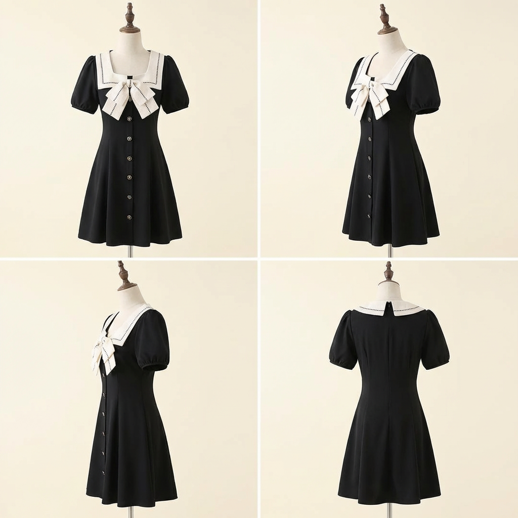 black-retro-mini-dress-bow-closeup
Close-up of signature contrast bow collar and high-waist detail on black retro A-line mini dress

Black dress with white collar on mannequins against a beige background