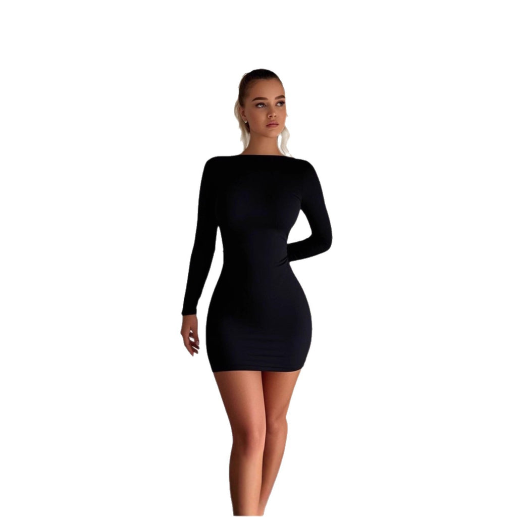 black-bodycon-dress-back-side-view
Back and side view showing flawless figure-hugging silhouette on black three-quarter sleeve party dress
Black long-sleeve dress worn by a model on a white background