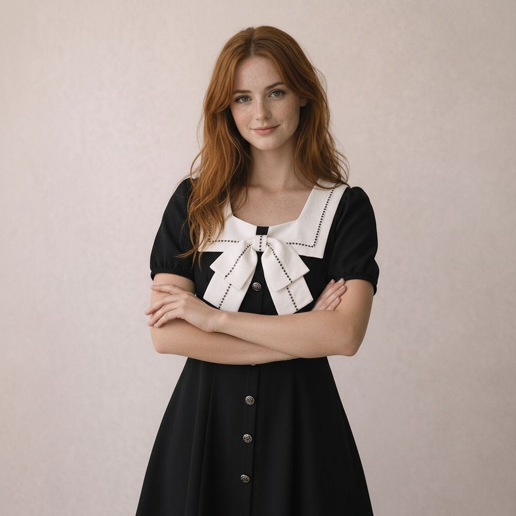 black-bow-collar-dress-back-view
Back view of black retro A-line mini dress showing clean high-waist fit and flared skirt

Woman wearing a black dress with a white collar against a plain background