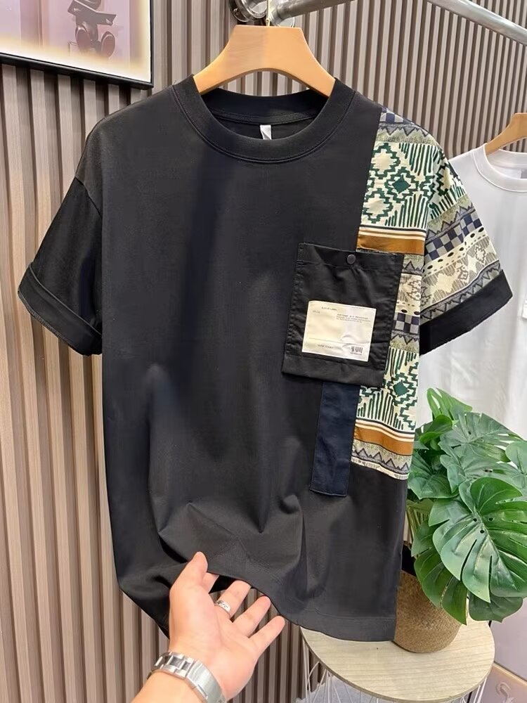 black-camo-patch-tee-summer-casual
Summer casual styling: black slim fit camo patch T-shirt with denim shorts and slides

Black t-shirt with a patterned patch on a hanger