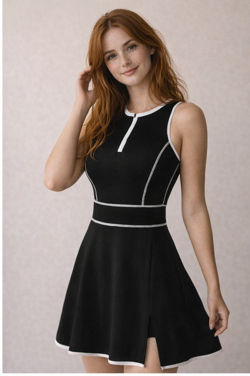black-contrast-trim-skater-mini-dress-front
Black contrast trim sleeveless skater mini dress with white piping and flared hem – OpusVenustas

Woman wearing a black dress with white accents against a plain background