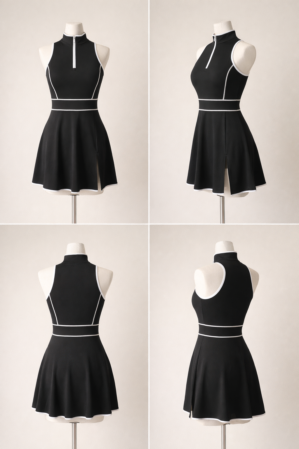 black-fit-flare-skater-dress-side-twirl
Side twirl showing perfect flared hem and contrast trim silhouette on black sleeveless skater mini dress

Black dress with white accents on mannequins against a light gray background