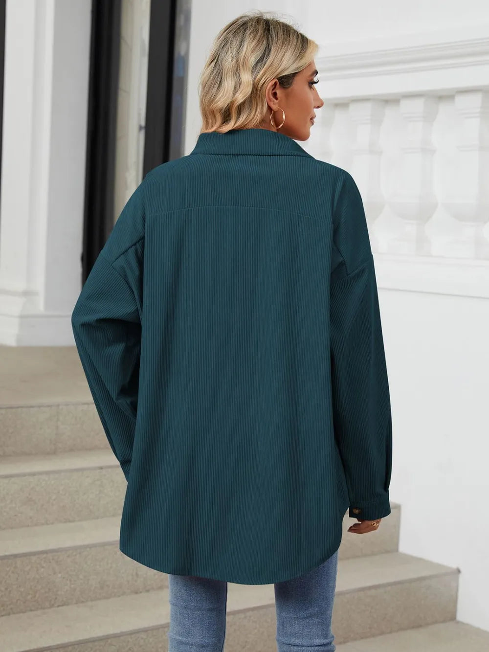 Back view of black forest oversized collared shirt with relaxed dropped shoulder shape