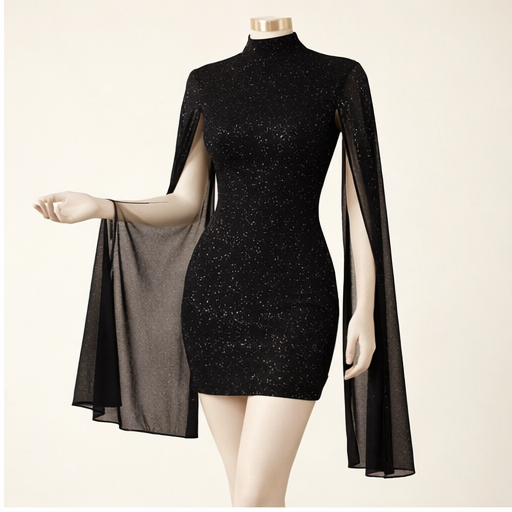 black-glitter-cape-mini-red-carpet
Red-carpet ready: black glitter cape sleeve mini dress with dramatic pose and diamond earrings

Black dress with sheer sleeves on a mannequin against a beige background