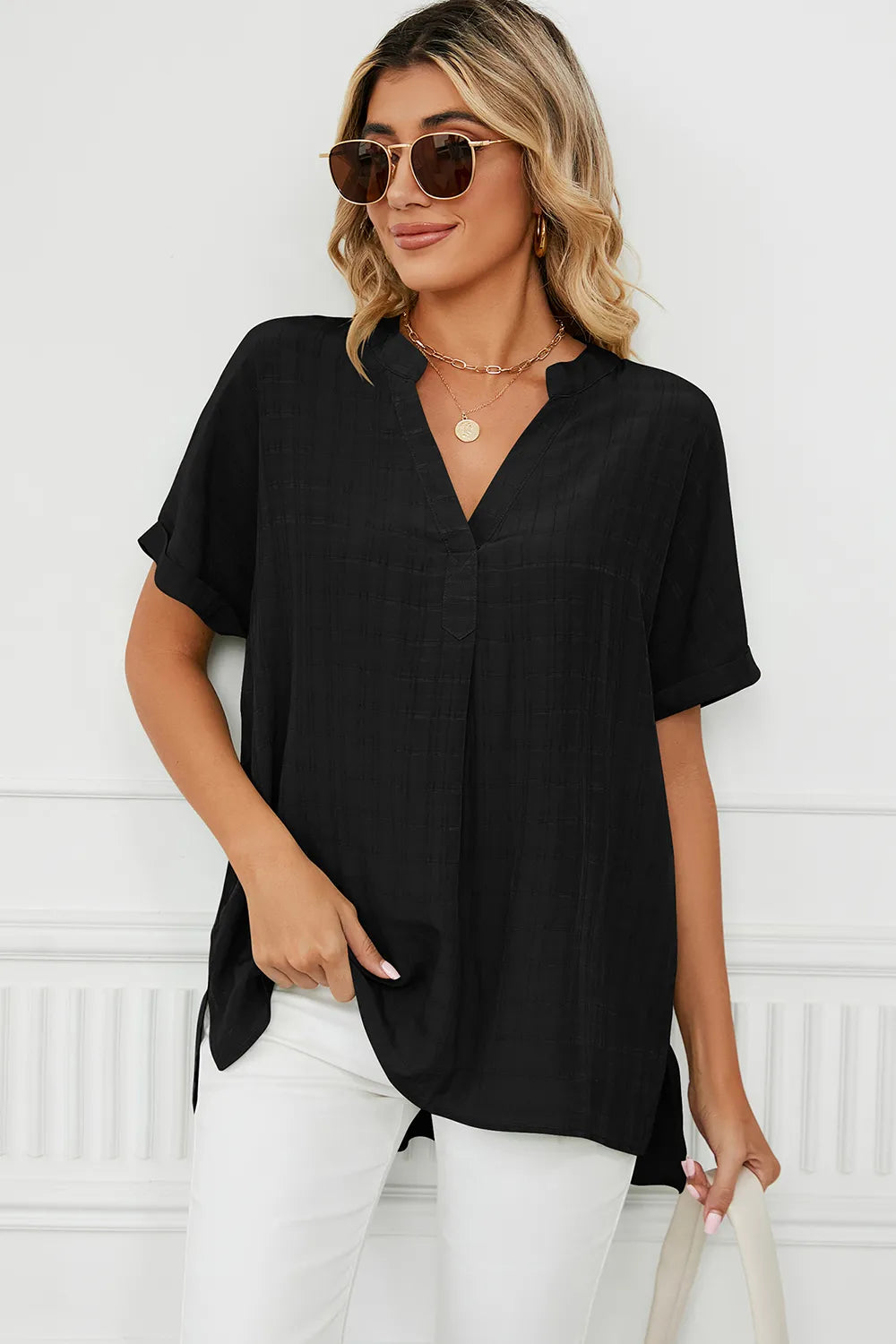 Black ruched notched short sleeve blouse front view women's relaxed fit casual summer top