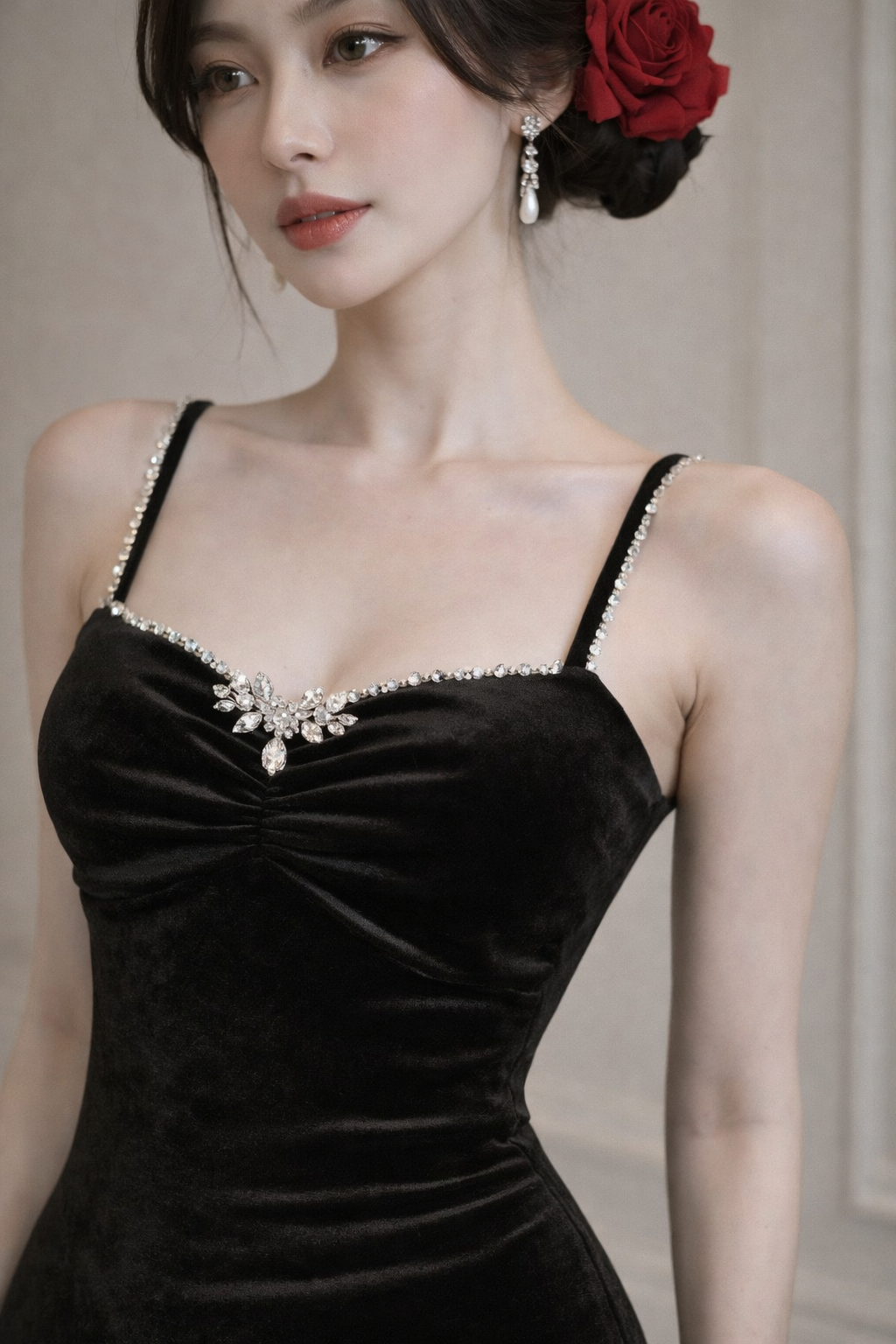 black-velvet-gown-spaghetti-strap-detail
Detail shot of slim spaghetti straps and luxurious velvet texture on formal column dress

Woman wearing a black velvet dress with intricate detailing, standing against a neutral background.